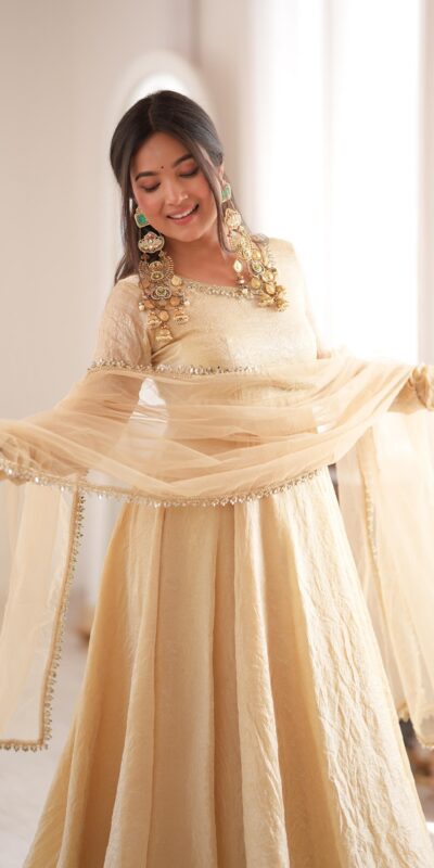 Glowing Off White Doremon Crush Real Mirror Work Gown