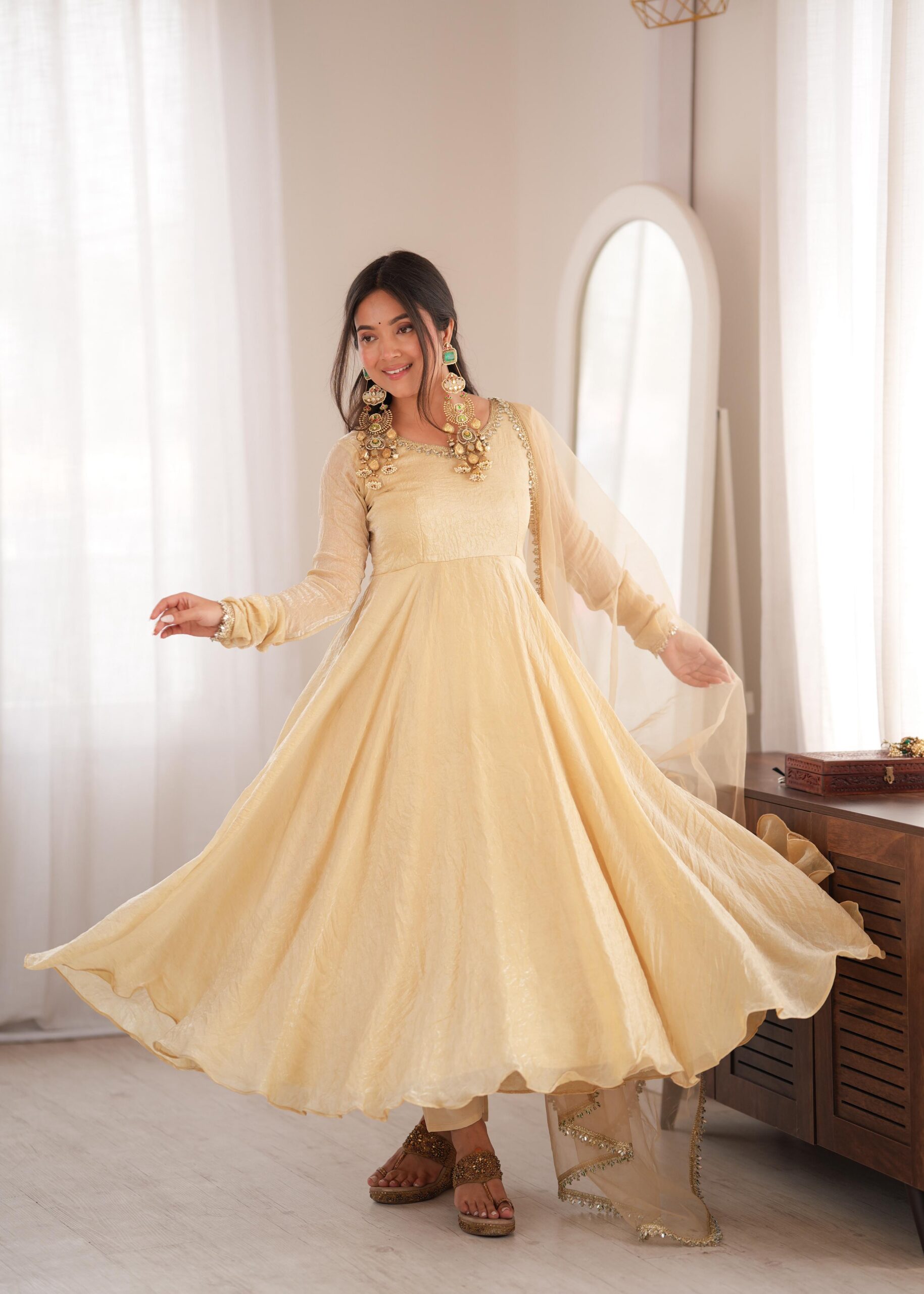 Glowing Off White Doremon Crush Real Mirror Work Gown