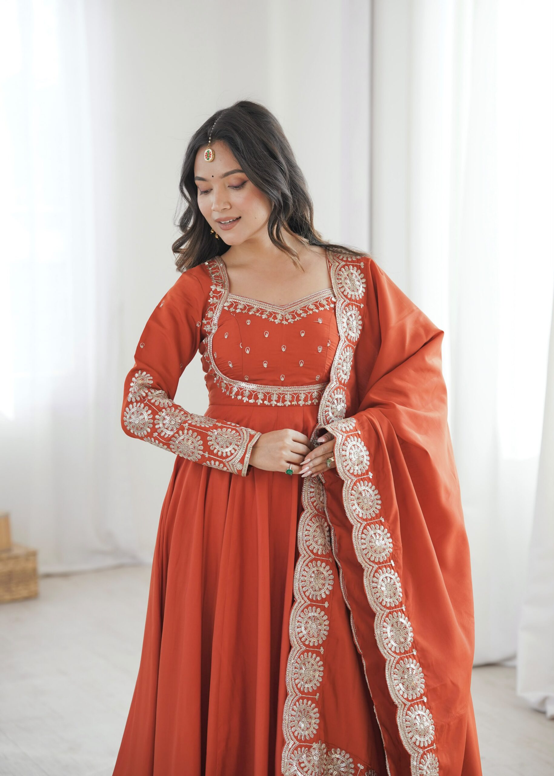 Glowing Orange Roman Silk Embroidery Work Anarkali Suit