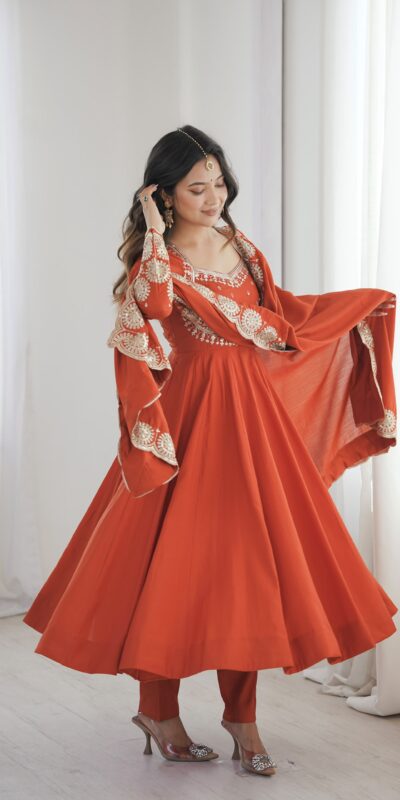 Glowing Orange Roman Silk Embroidery Work Anarkali Suit