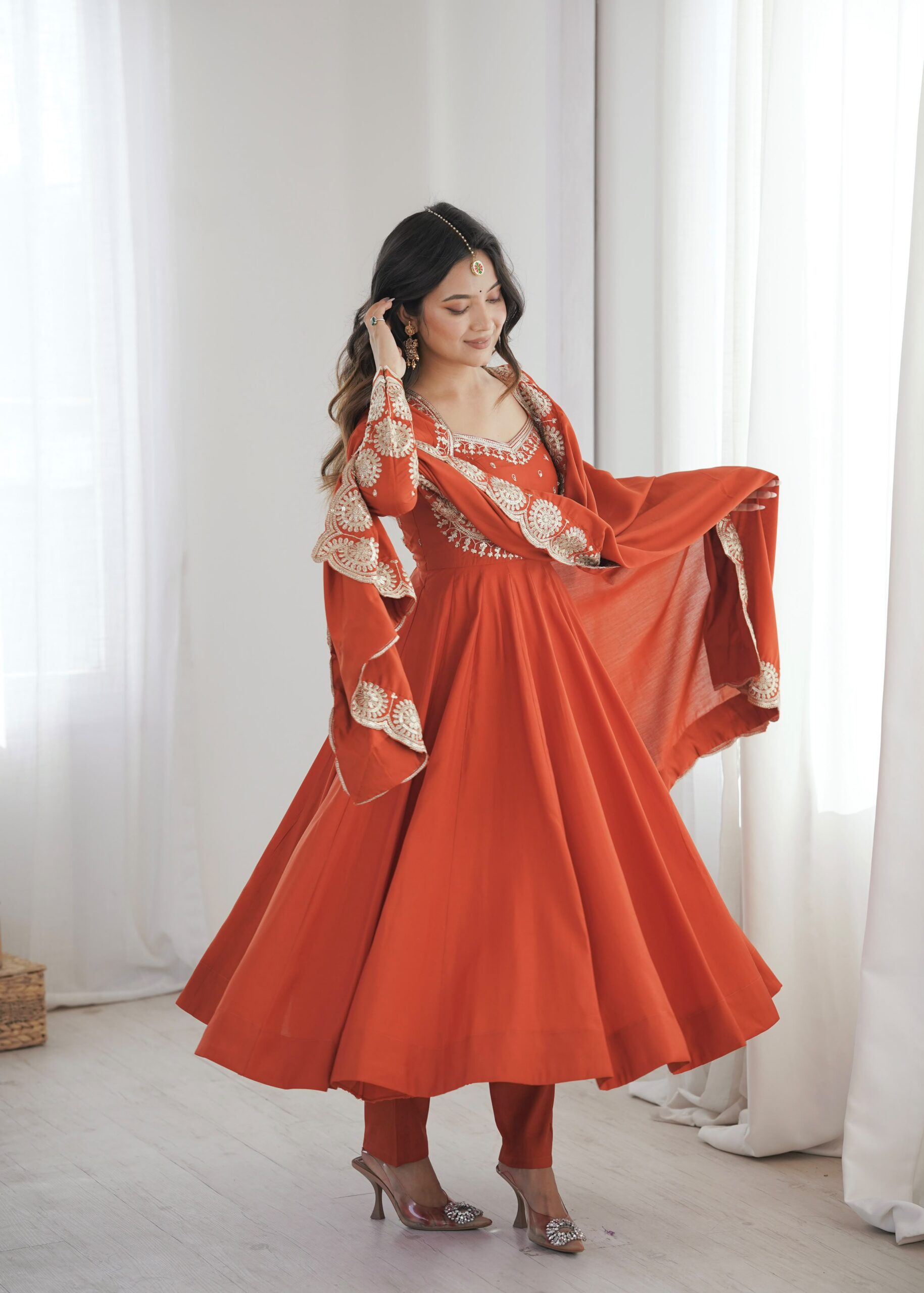 Glowing Orange Roman Silk Embroidery Work Anarkali Suit