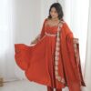 Glowing Orange Roman Silk Embroidery Work Anarkali Suit