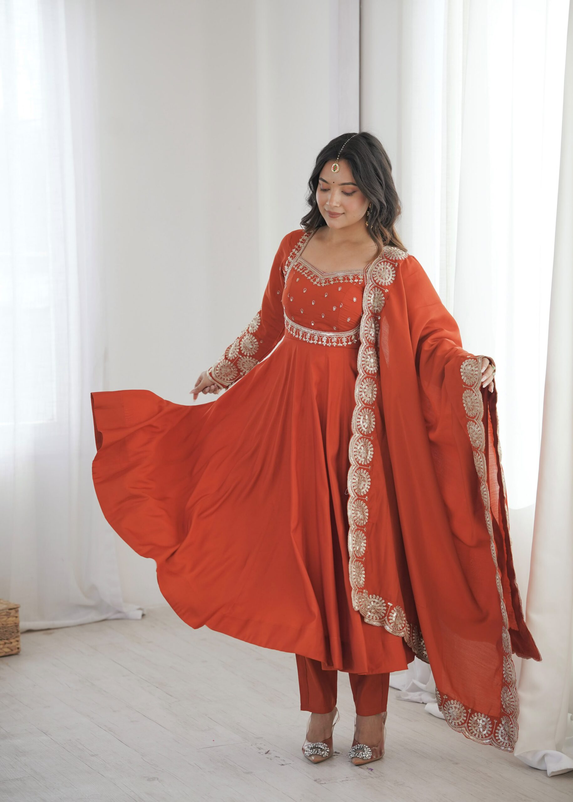 Glowing Orange Roman Silk Embroidery Work Anarkali Suit