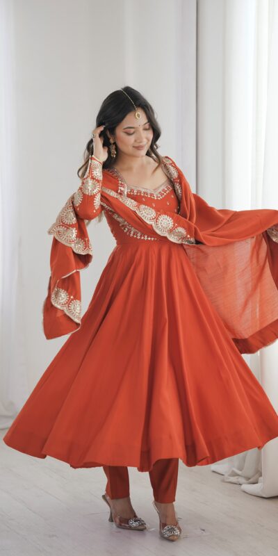 Glowing Orange Roman Silk Embroidery Work Anarkali Suit