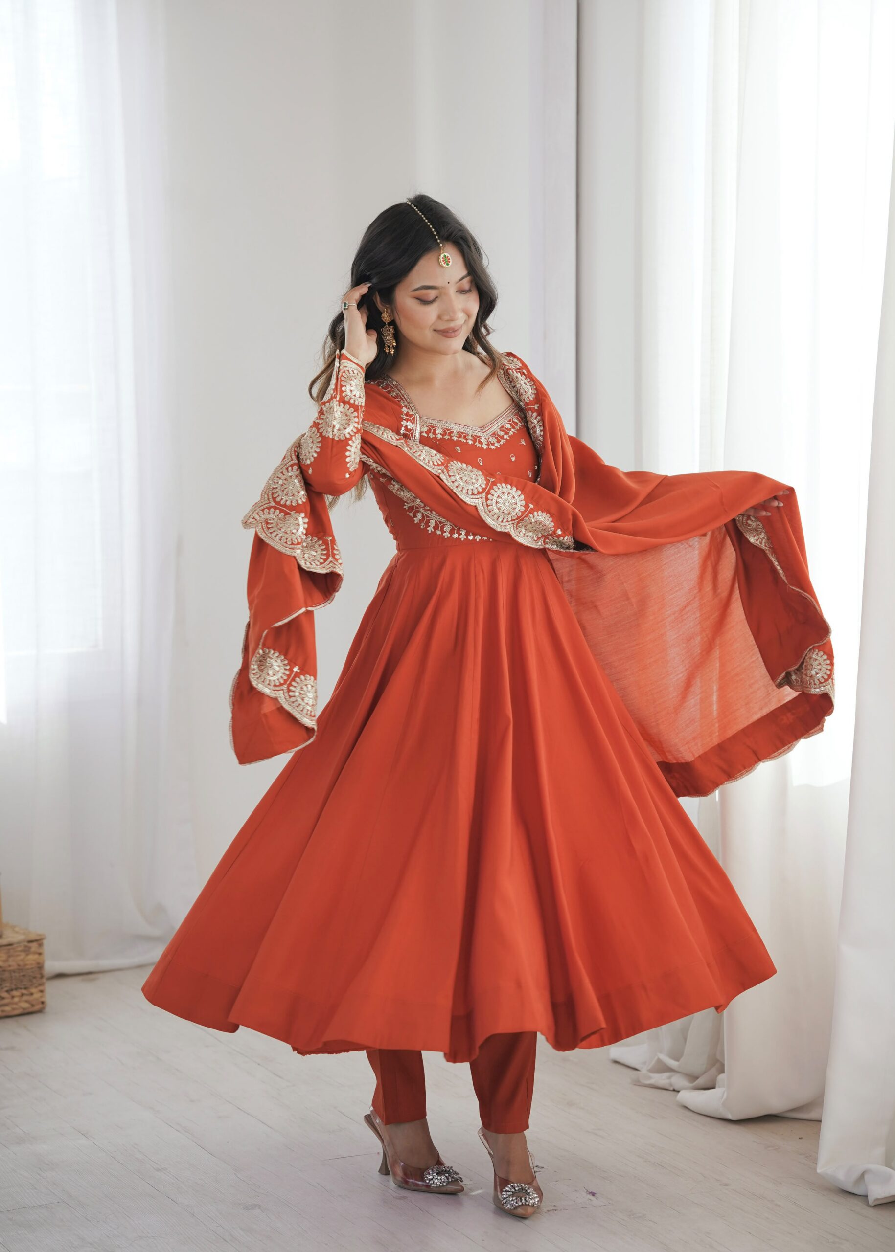 Glowing Orange Roman Silk Embroidery Work Anarkali Suit