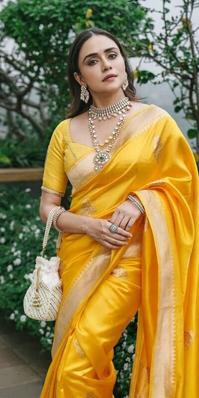 Glowing Yellow Soft Lichi Silk Jacquard Work Saree