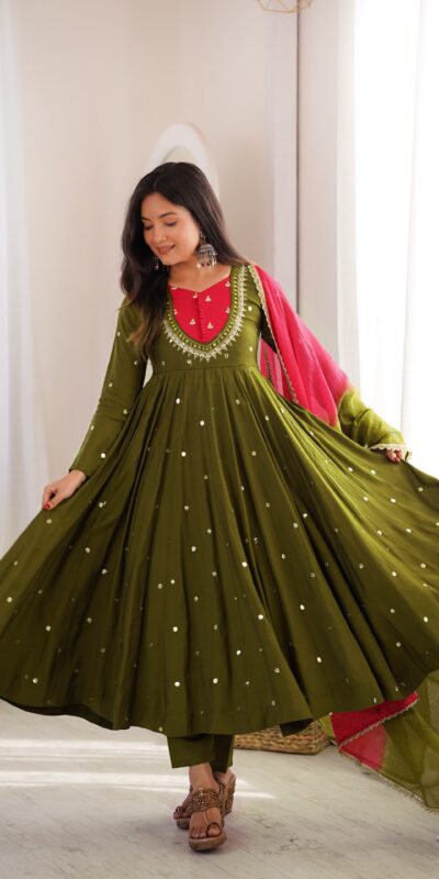 Lovely Mehandi Roman Silk Mirror Embroidery Work Gown