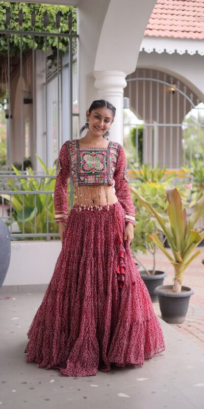 Perfect Maroon Faux Georgette Print Embroider Work Lehenga Choli