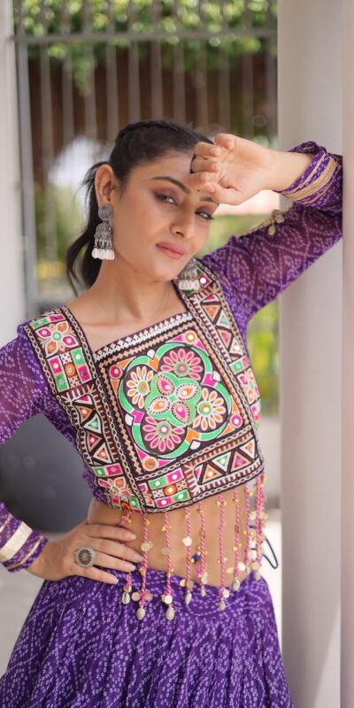 Perfect Purple Faux Georgette Print Embroider Work Lehenga Choli