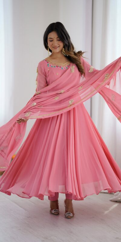 Shiny Dusty Pink Faux Georgette Sequins Work Gown