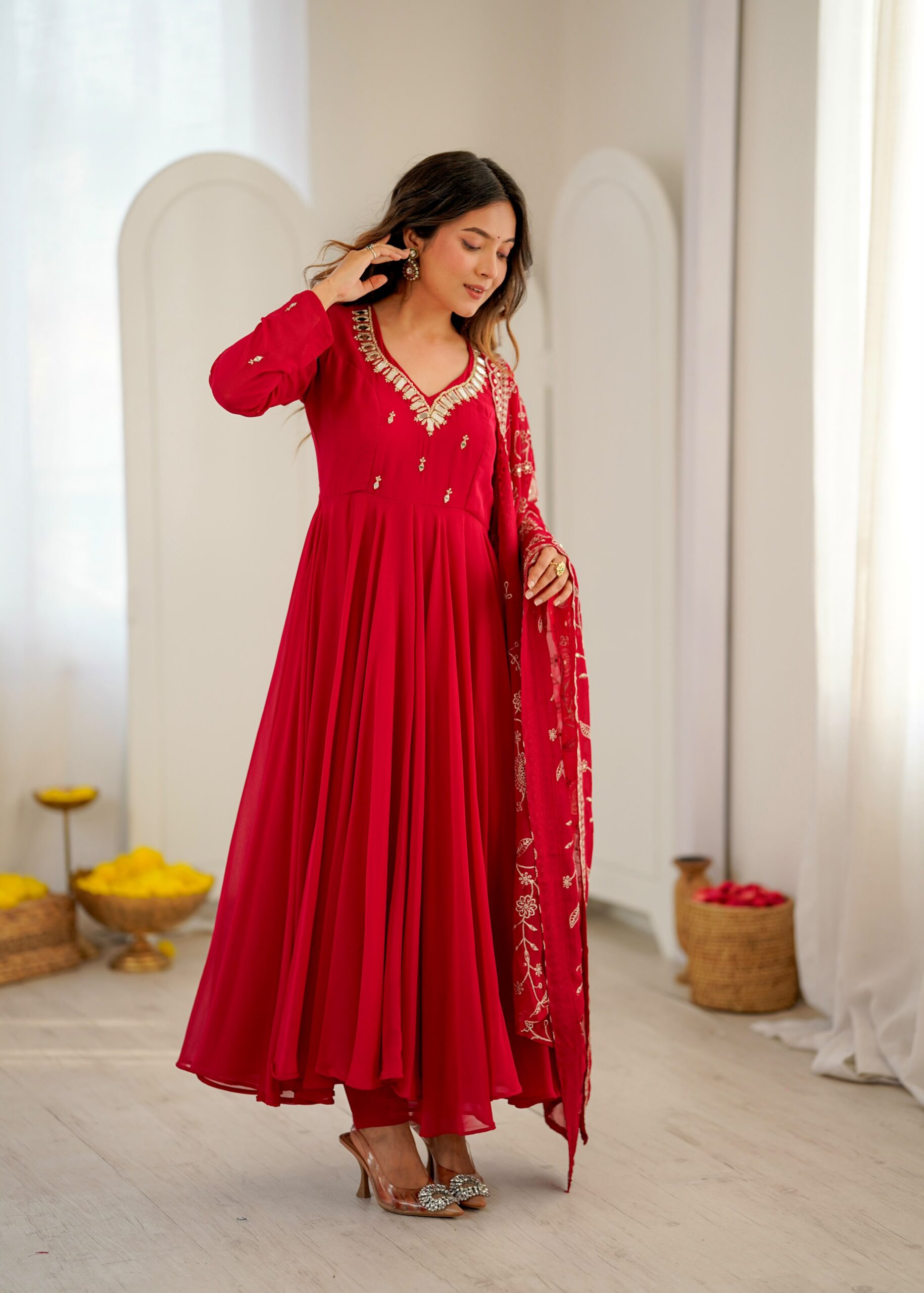 Shiny Red Faux Georgette Embroidery Mirror Work Gown
