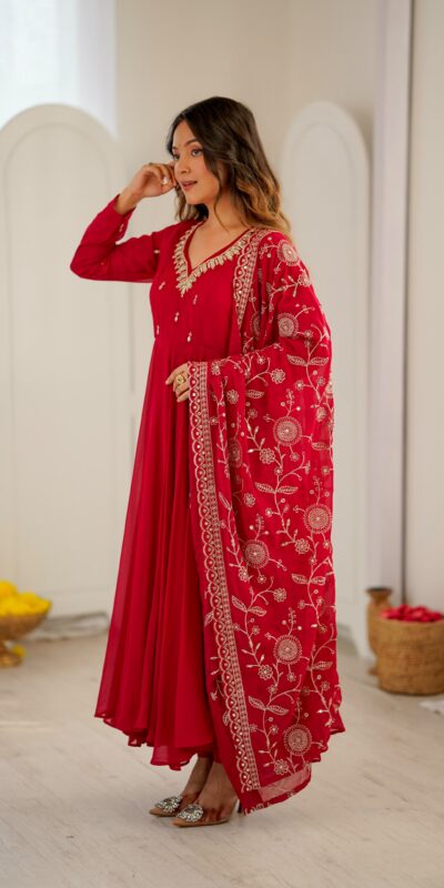 Shiny Red Faux Georgette Embroidery Mirror Work Gown