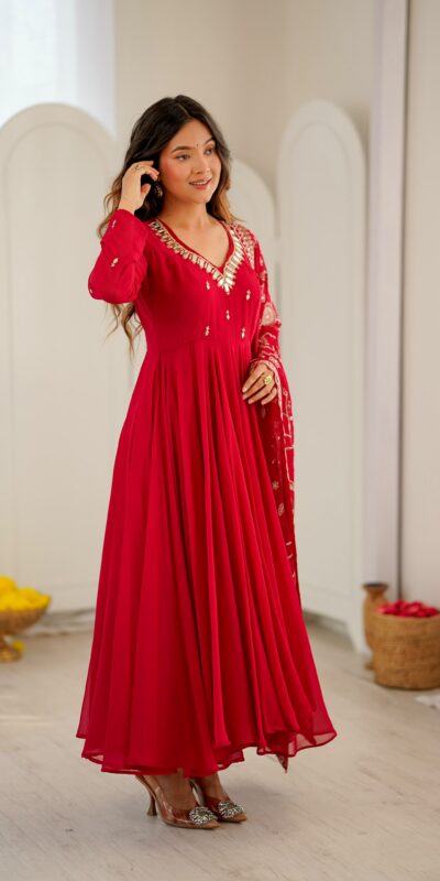 Shiny Red Faux Georgette Embroidery Mirror Work Gown