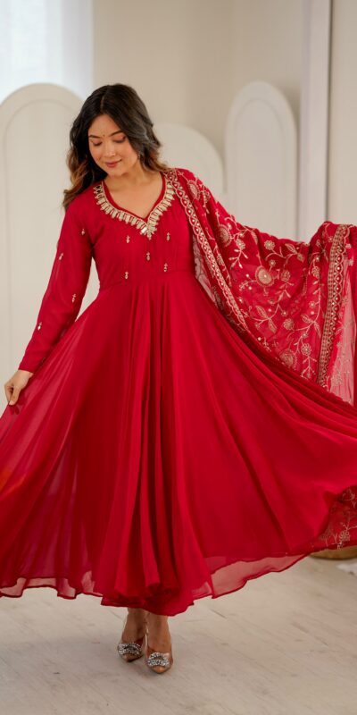Shiny Red Faux Georgette Embroidery Mirror Work Gown