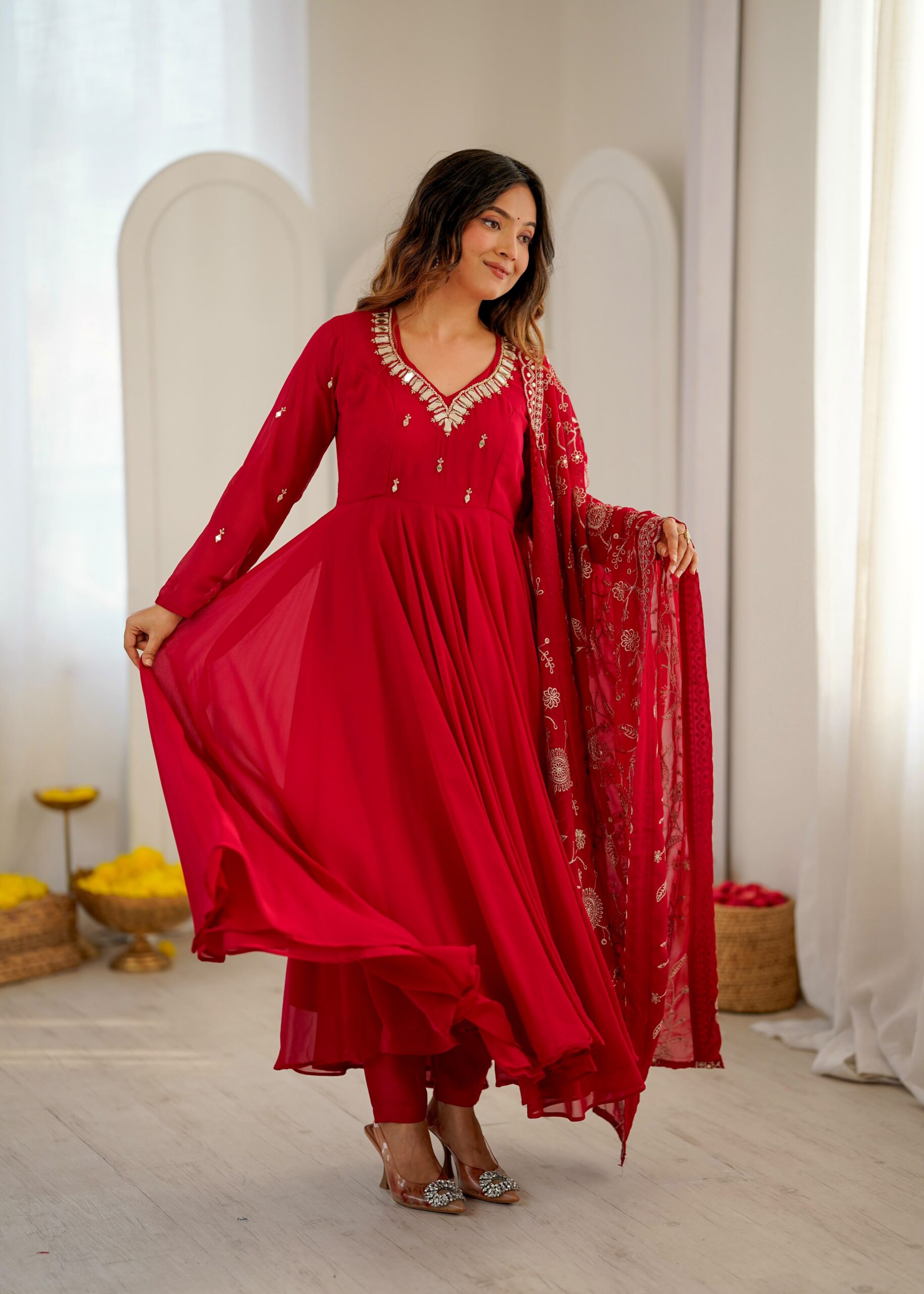 Shiny Red Faux Georgette Embroidery Mirror Work Gown