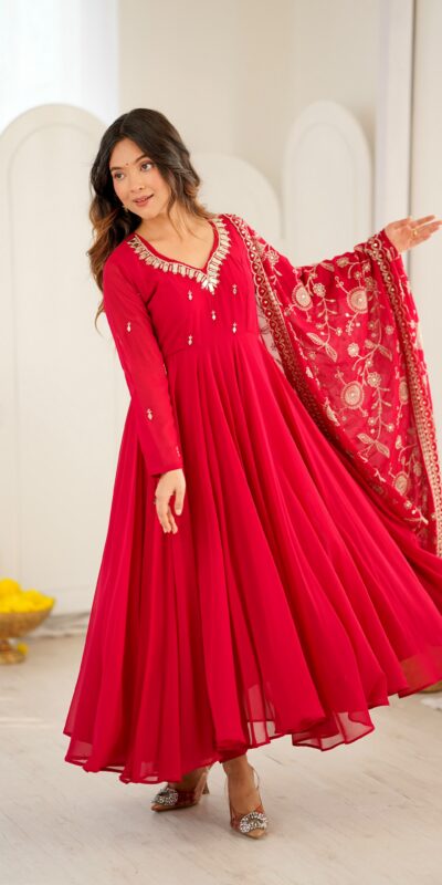 Shiny Red Faux Georgette Embroidery Mirror Work Gown
