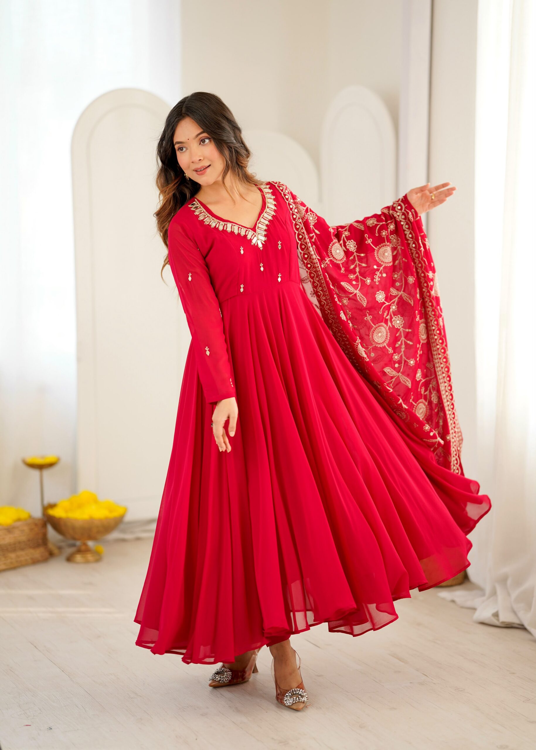 Shiny Red Faux Georgette Embroidery Mirror Work Gown