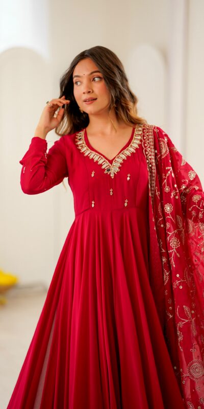 Shiny Red Faux Georgette Embroidery Mirror Work Gown