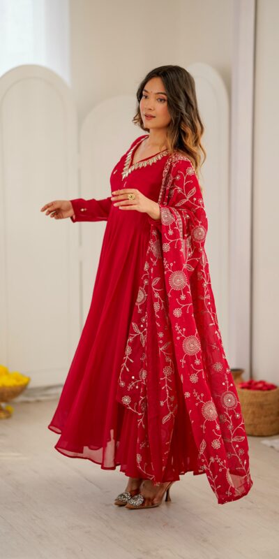 Shiny Red Faux Georgette Embroidery Mirror Work Gown