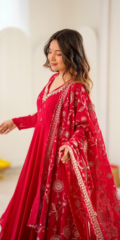 Shiny Red Faux Georgette Embroidery Mirror Work Gown