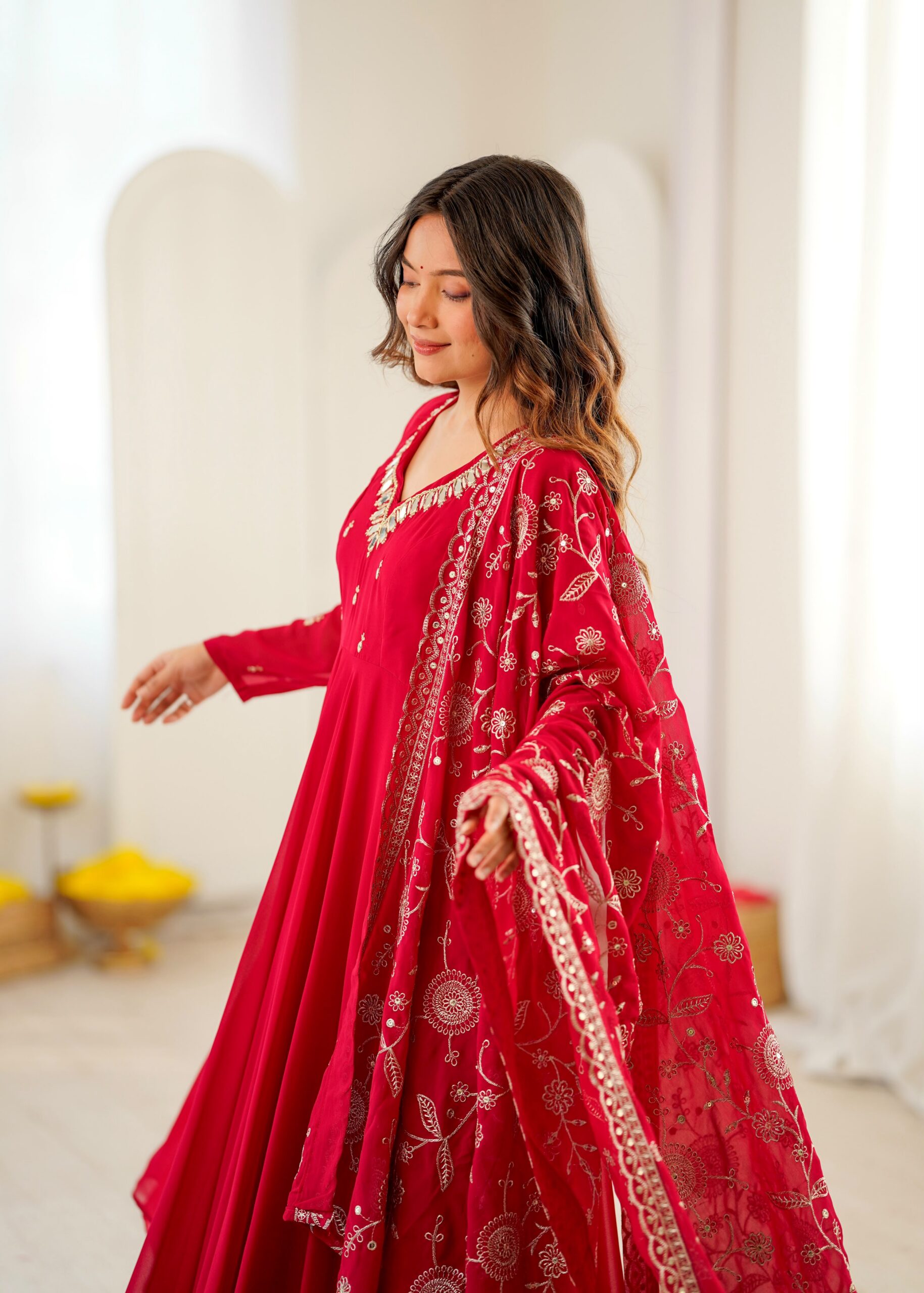 Shiny Red Faux Georgette Embroidery Mirror Work Gown