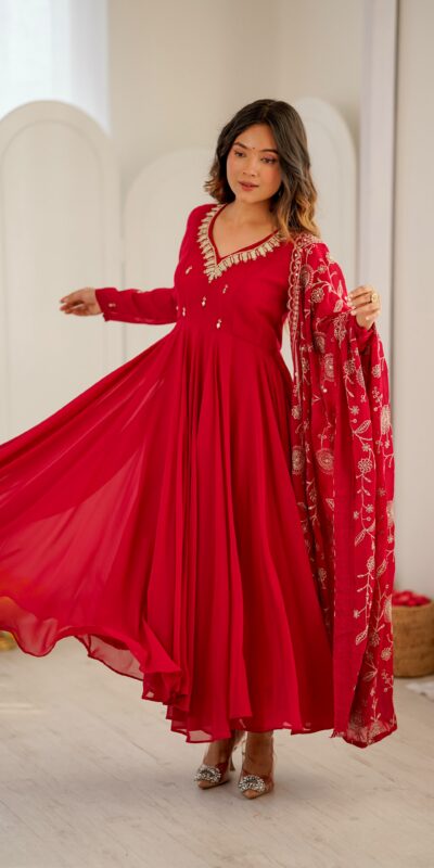 Shiny Red Faux Georgette Embroidery Mirror Work Gown