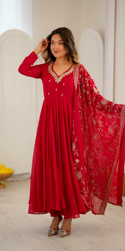 Shiny Red Faux Georgette Embroidery Mirror Work Gown