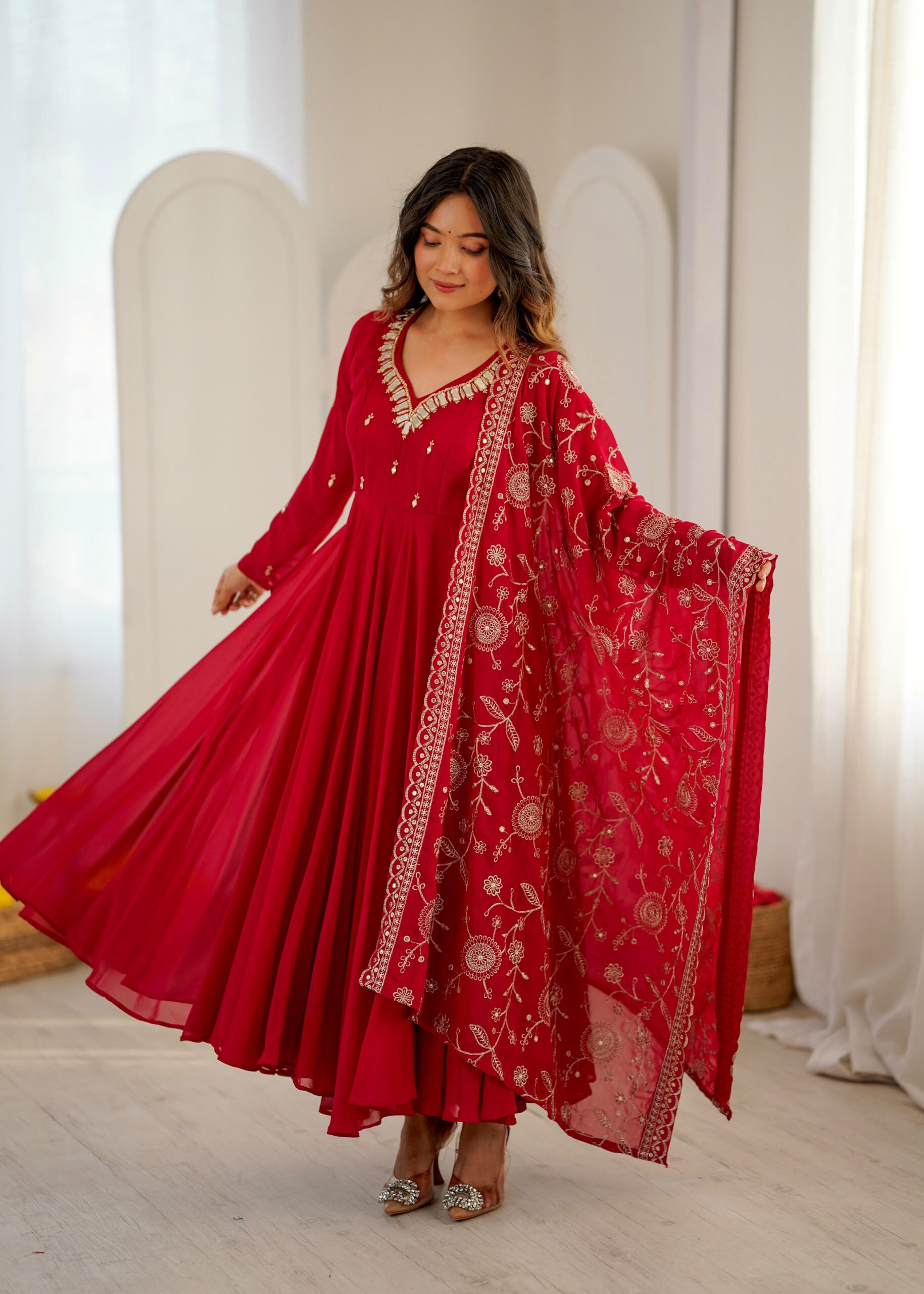 Shiny Red Faux Georgette Embroidery Mirror Work Gown