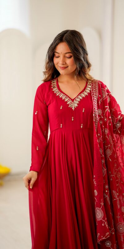 Shiny Red Faux Georgette Embroidery Mirror Work Gown