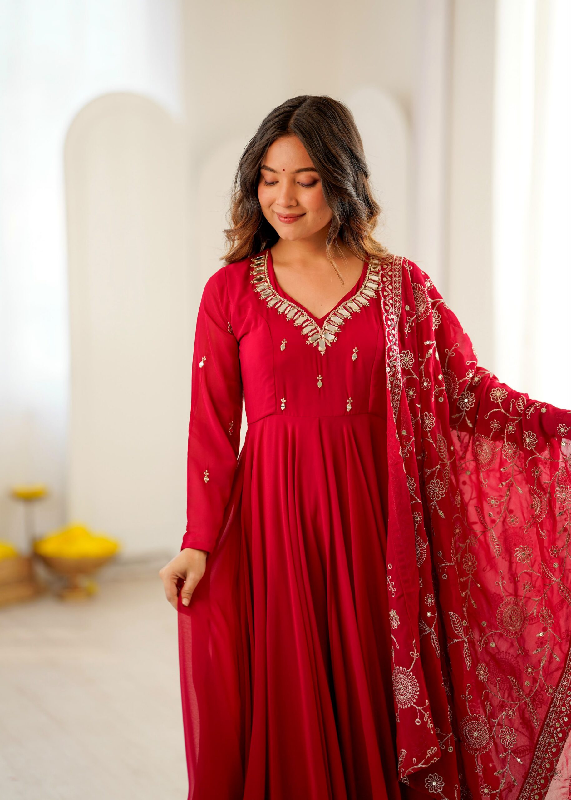 Shiny Red Faux Georgette Embroidery Mirror Work Gown