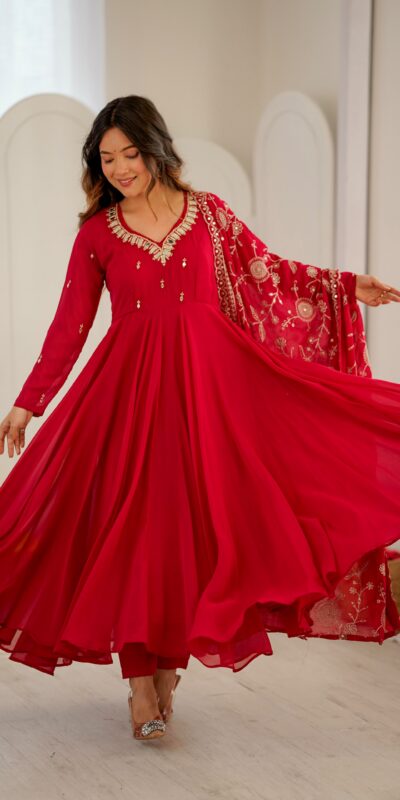Shiny Red Faux Georgette Embroidery Mirror Work Gown