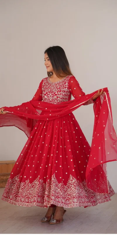 Shiny Red Faux Georgette Thread Work Anarkali Suit