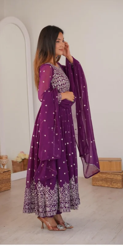 Shiny Wine Faux Georgette Thread Work Anarkali Suit