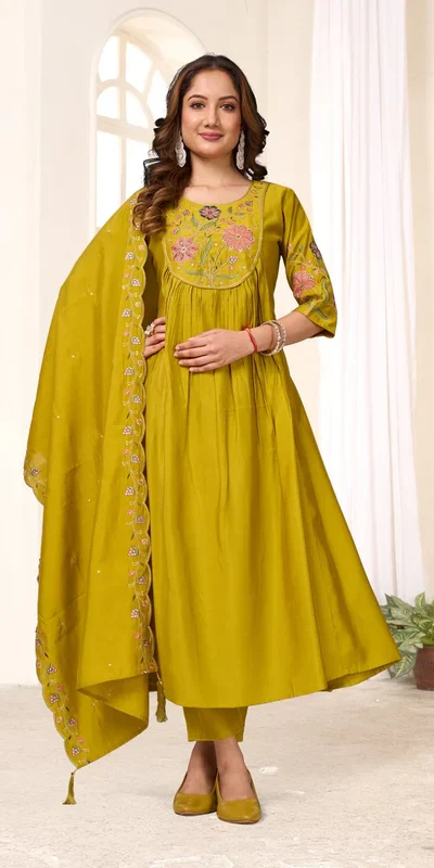 Simple Mustered Viscose Roman Silk Thread Work Salwar Suit