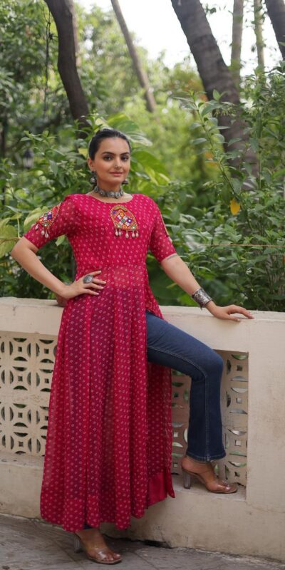Solid Pink Fox Georgette Bandhani Print Work Kurti