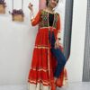 Solid Red Fox Georgette Lace Mirror Work Kurti