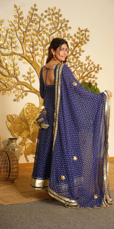 Special Navy Blue Faux Georgette Bandhani Print Work Gown