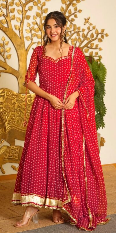 Special Red Faux Georgette Bandhani Print Work Gown