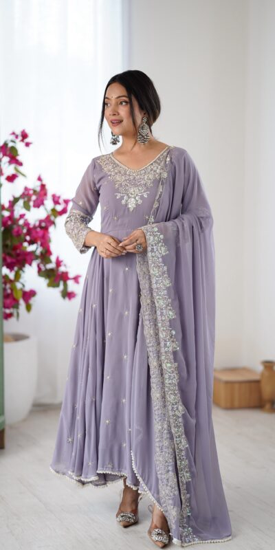 Super Lavender Blooming Faux Embroidery Work Gown