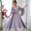 Super Lavender Blooming Faux Embroidery Work Gown