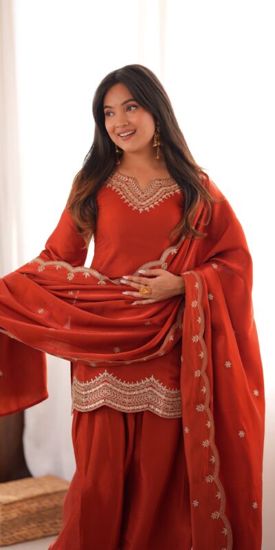 Super Rust Glass Roman Silk Sequins Work Salwar Suit