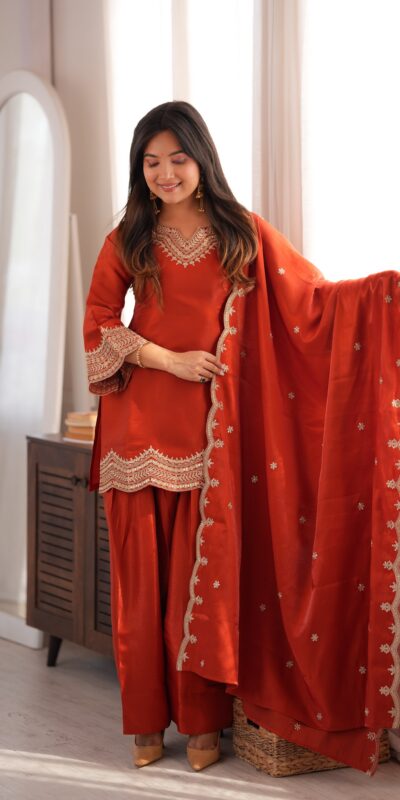 Super Rust Glass Roman Silk Sequins Work Salwar Suit
