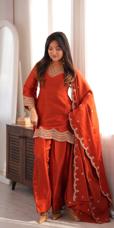 Super Rust Glass Roman Silk Sequins Work Salwar Suit
