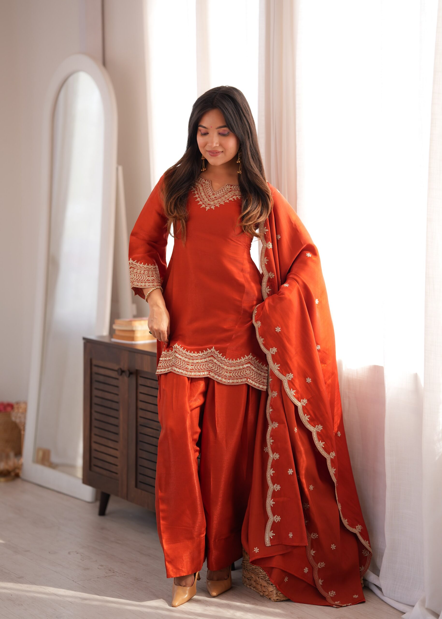Super Rust Glass Roman Silk Sequins Work Salwar Suit
