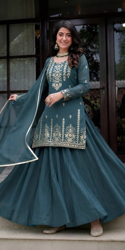 Super Teal Roman Cotton Embroidery Work Lehenga Choli