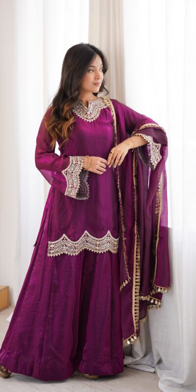 Super Wine Fendy Silk Embroidery Mirror Work⁠ Salwar Suit