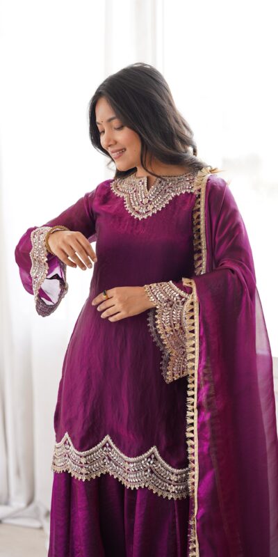 Super Wine Fendy Silk Embroidery Mirror Work⁠ Salwar Suit