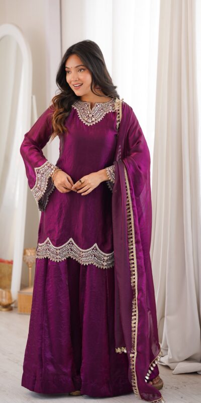 Super Wine Fendy Silk Embroidery Mirror Work⁠ Salwar Suit