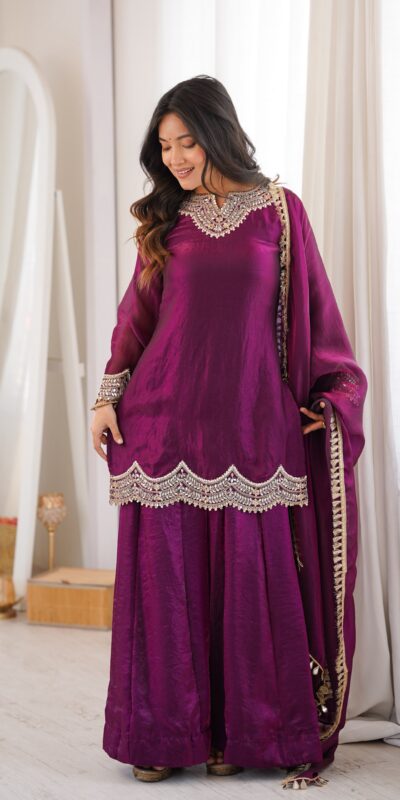 Super Wine Fendy Silk Embroidery Mirror Work⁠ Salwar Suit