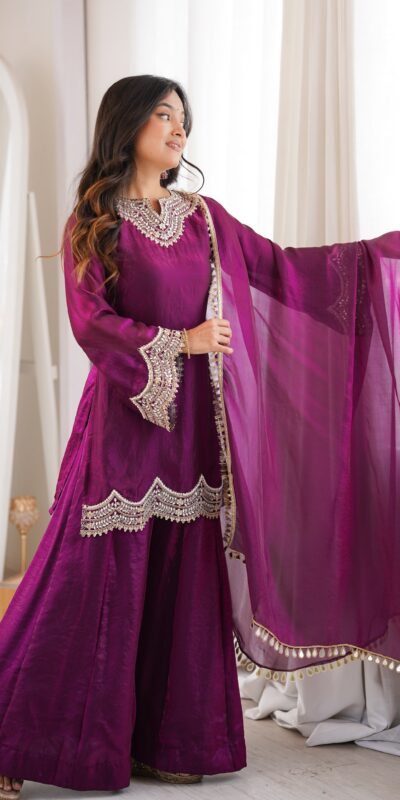 Super Wine Fendy Silk Embroidery Mirror Work⁠ Salwar Suit